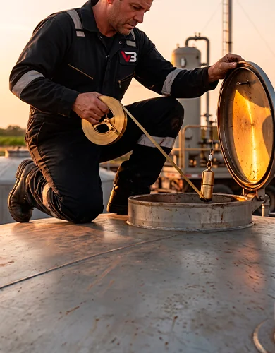 Técnico midiendo el nivel del tanque con cinta
