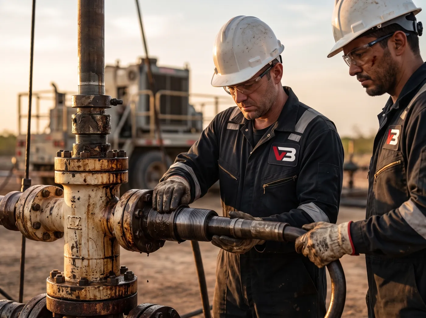 Cuadrilla trabajando la cabeza de pozo en locación
